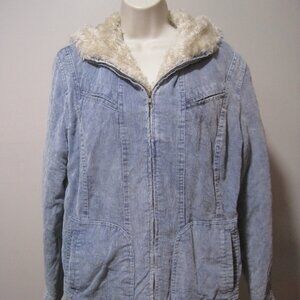 Northcrest Women's Medium Light Blue Corduroy Hooded Coat Jacket Tan Faux Fur